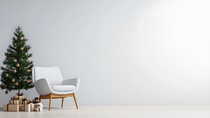 Fototapeta premium A small Christmas tree with white presents sits on a light-colored floor in front of a white wall.