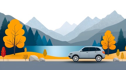 Car Driving Through Scenic Countryside Route on Flat Design a Road Trip Adventure with Tranquil Panorama of Nature Landscapes