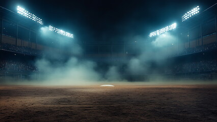 Empty baseball field at night