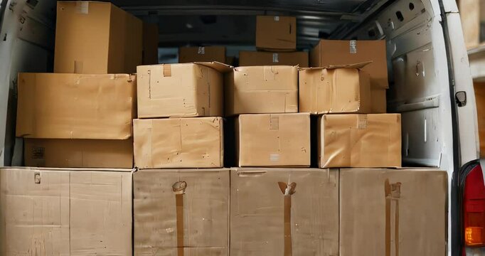 Open lorry car trunk full of moving cardboard boxes and furniture outdoors at city street. Van trailer with packages. Delivery service, relocation, moving day and cargo transportation concept.