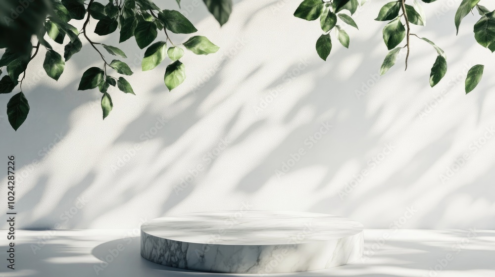 Poster 3d render of a marble display podium with shadows cast by natural leaves on a white background