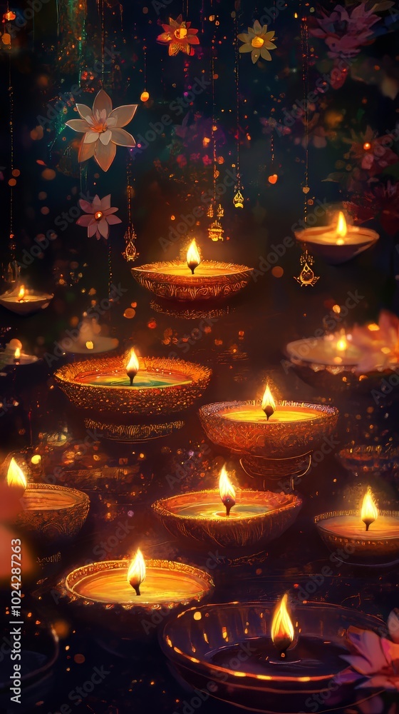 Poster a mesmerizing scene of glowing candlelit lanterns and floating flowers creating a mystical and encha