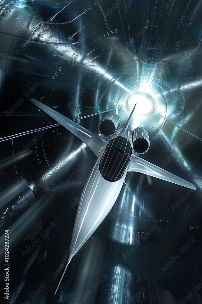 Poster conceptual design of an aircraft navigating through light tunnels.