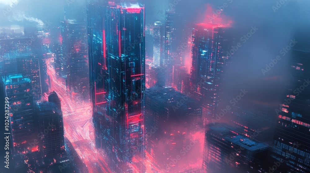 Poster conceptual design of a futuristic skyscraper, incorporating neon lights and abstract visual elements