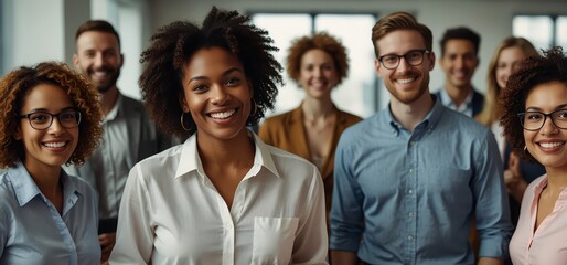 Obraz premium Diverse and inclusive group of office colleagues smiling at a team building workshop event, workplace race inclusion and diversity concept