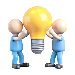 teamwork idea two PEOPLE holding a big lightbulb together 3d cartoon style illustration