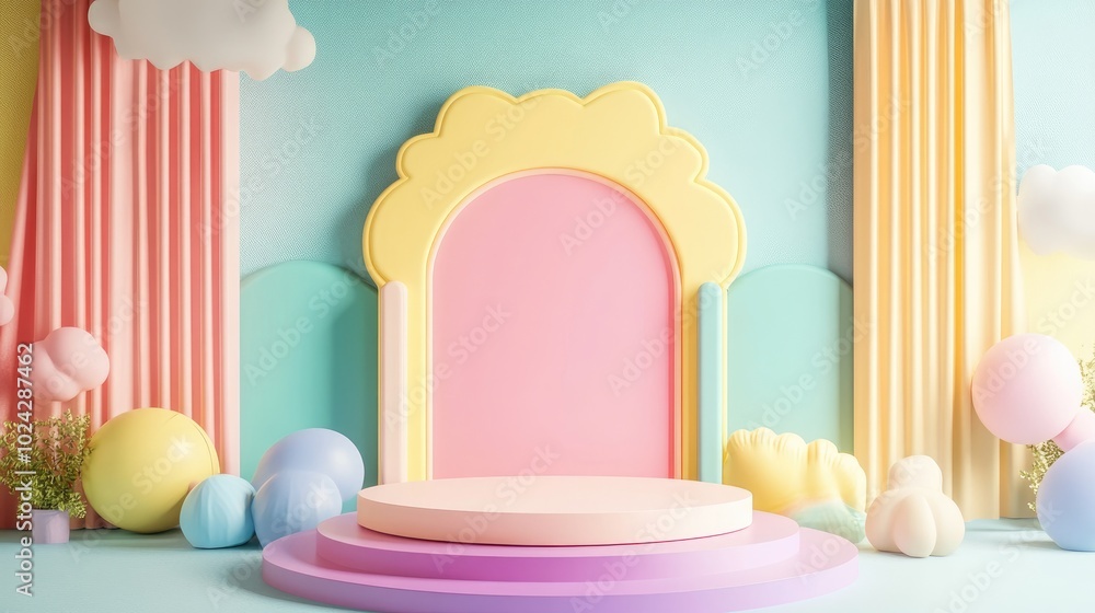 Poster 3D render of a podium designed in a playful style with a vibrant pastel background featuring space for children s or baby products