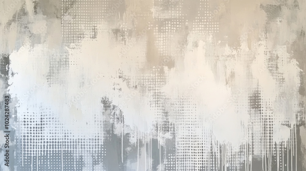 Poster abstract painting featuring a striking blend of white and grey halftone patterns
