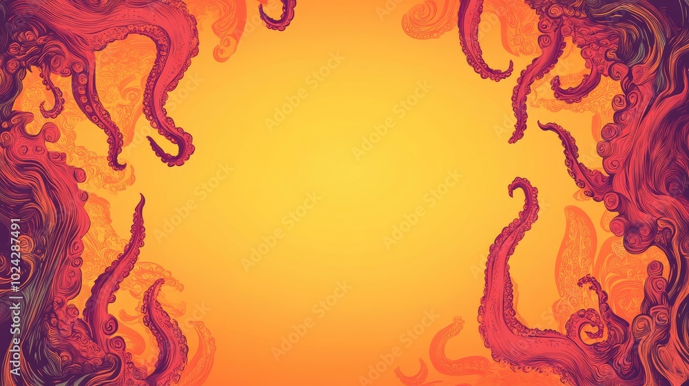 Poster Abstract doodle frame featuring monster tentacles set against a gradient orange background 2D cartoonish fantasy design with space for text Whimsical frame ideal for Halloween themes