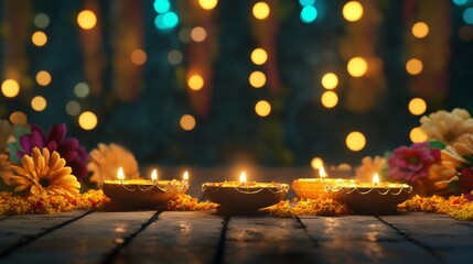 A table with three lit candles and flowers in the background