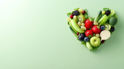 A heart shape made of various fruits and vegetables on a light green background.