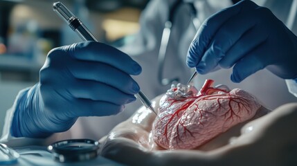 Pen in a doctora??s hand pointing to the arteries around the heart in a body model.
