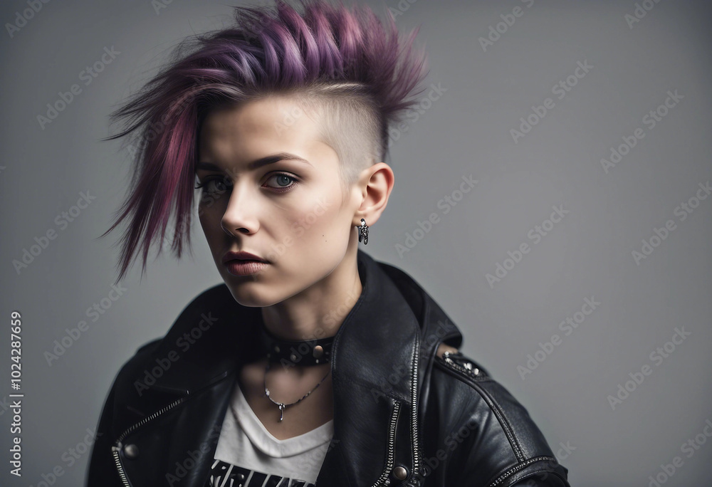 Wall mural portrait of a girl in a punk outfit with shaved-side hair, isolated white background.