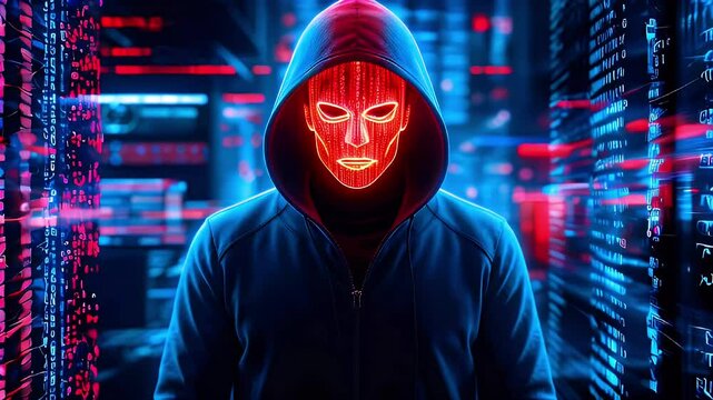 A mysterious figure in a hooded sweatshirt and a glowing red mask, standing in a room illuminated by blue and red lights, surrounded by digital code.