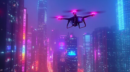 Obraz premium A drone flying over a futuristic cityscape with glowing neon lights.