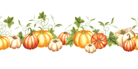 Pumpkins with leaves and tendrils. Autumn seamless border. Fall vegetables frame for Harvest fest or Thanksgiving. Hand drawn watercolor illustration isolated. Template for wrapping, paper, textile.