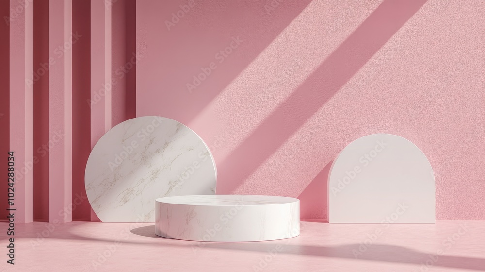 Poster Abstract geometric shapes with white and pink podiums on a pink background for product display Minimalist concept 3D rendering