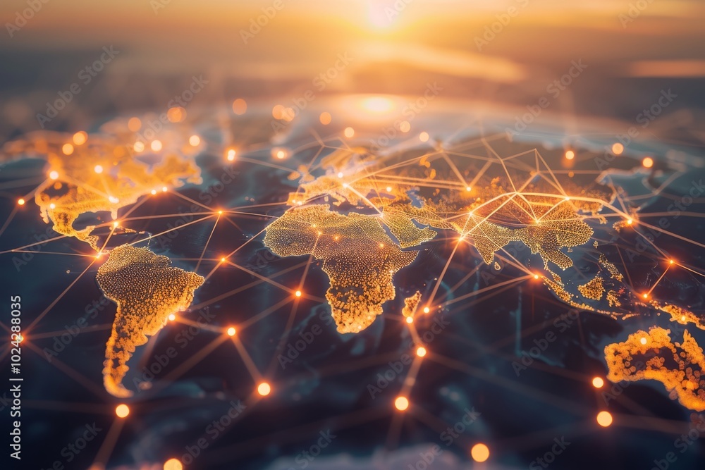 Canvas Prints digital world map with glowing network connections at sunset, representing global communication and 