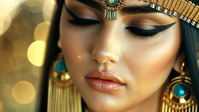A woman with blue eyes and dark hair wears gold jewelry and makeup, evoking an Egyptian queen