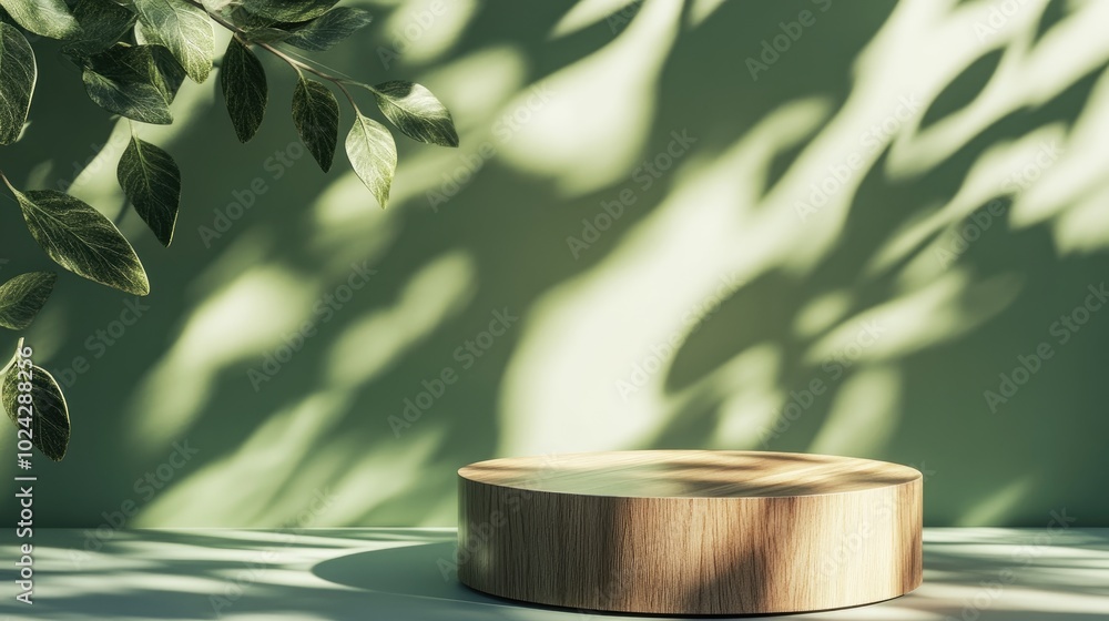 Aufkleber 3d background featuring a wooden podium display with a natural wood cube stand green nature backdrop
