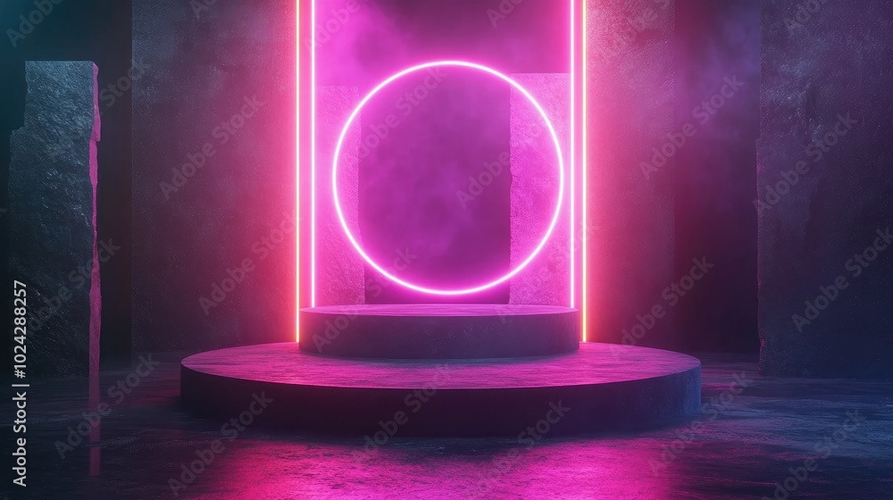 Aufkleber Abstract neon backdrop featuring luminous geometric shapes natural stone accents and a 3D podium render An empty display stand or platform designed for showcasing presentations and advertising tec