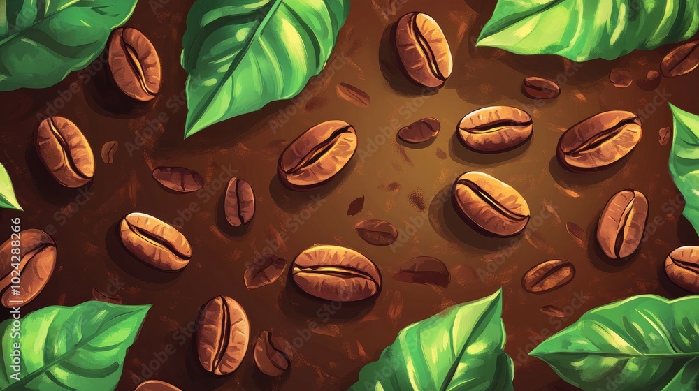 Poster Coffee themed backdrop showcasing coffee beans and leaves ideal for crafting customized designs in a rustic atmosphere