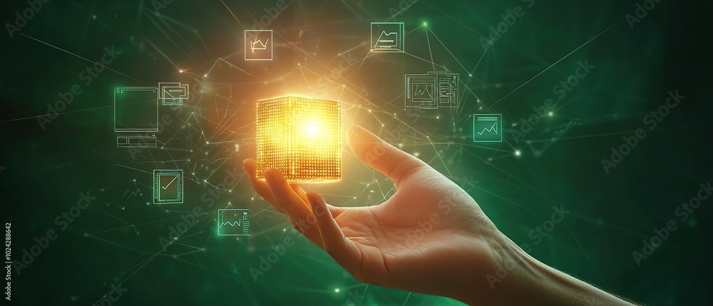 Poster hand holding a glowing cube with data icons around it.