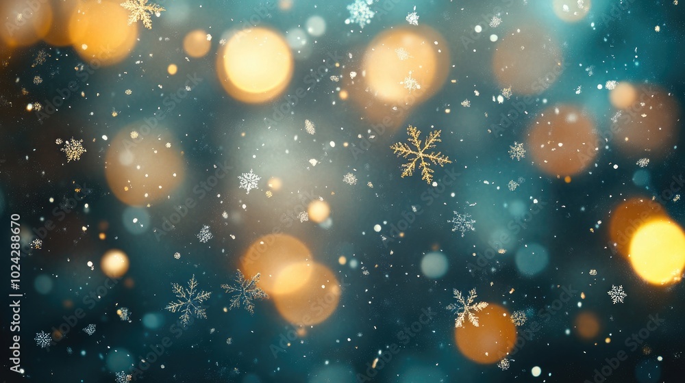 Poster bokeh background of blurred lights and snowflakes