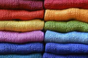 Vibrant multicolored knitted sweaters stacked in rows