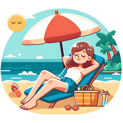 Woman relaxing on beach chair under umbrella enjoying summer vacation