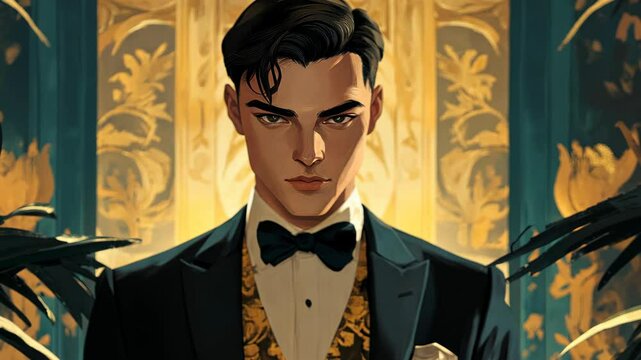 A man in a tuxedo stands in front of a gold and green patterned wall, looking directly at the viewer