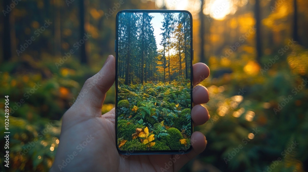 Poster a hand holds a smartphone displaying a scenic photograph of a forest path lined with autumn leaves.