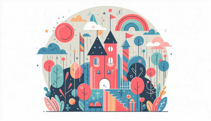 Playful illustration of a fairytale castle surrounded by colorful trees and abstract elements, evoking a sense of magic and adventure