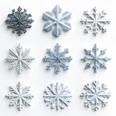 Unique snowflakes in stylish silver metallic design, on white background. New Year decorations