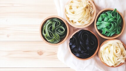 Close up of fresh handmade traditional tagliatelle pasta in uncooked black green and classic varieties on a wooden table high angle view