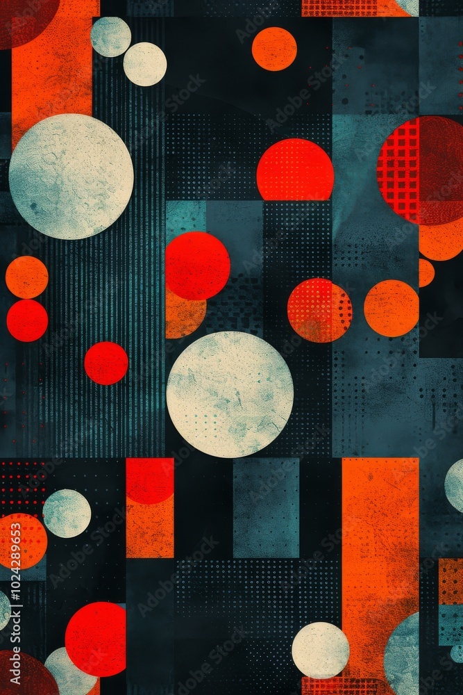 Poster abstract geometric pattern with circles and rectangles in red