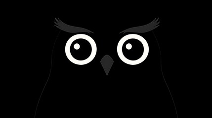 Obraz premium Minimalist owl silhouette made from basic shapes like circles and ovals, large circular eyes, and a small beak, set against a solid black background. High contrast, clean composition, flat colors,