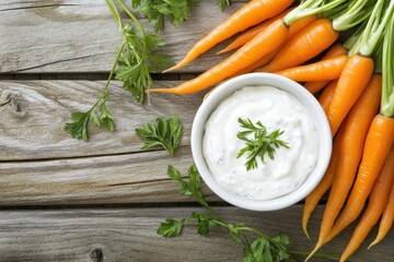 Fresh carrots with creamy dip on rustic wooden background