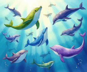 Fototapeta premium Dolphins Swimming in Sunlit Waters