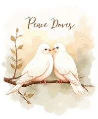 Fototapeta premium Doves on Branch - Peaceful Kiss