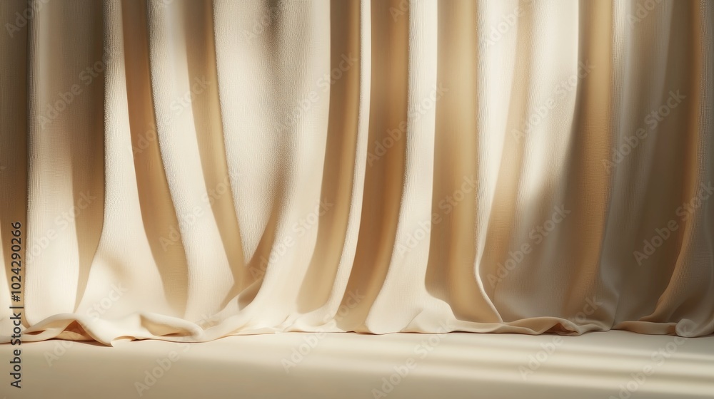 Aufkleber Abstract beige studio backdrop featuring a curtain for product display Unoccupied space with shadows 3D rendering 3D illustration