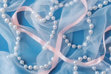Elegant pearls satin ribbon on delicate blue tulle fabric