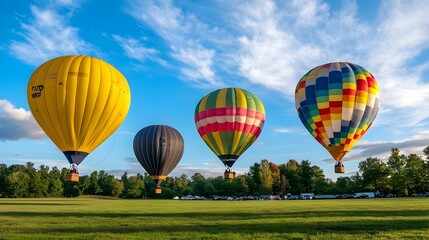 Obraz premium Vibrant Hot Air Balloons Floating Peacefully in the Tranquil Morning Sky at Sunrise with Captivating Colorful Designs and Patterns