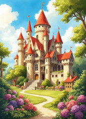 Fototapeta premium Fairytale Castle with Red Roofs and Surrounding GardenKeywords: Fairytale, Castle, Red Roofs, Garden, Surrounding