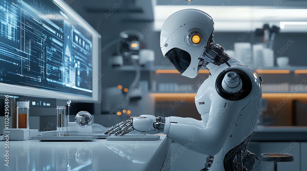 Poster a futuristic white robot is working on a computer in a futuristic laboratory.
