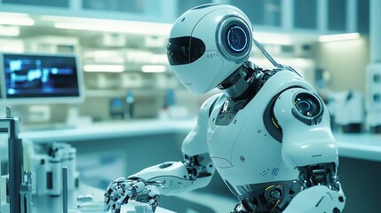A humanoid robot works in a laboratory setting.