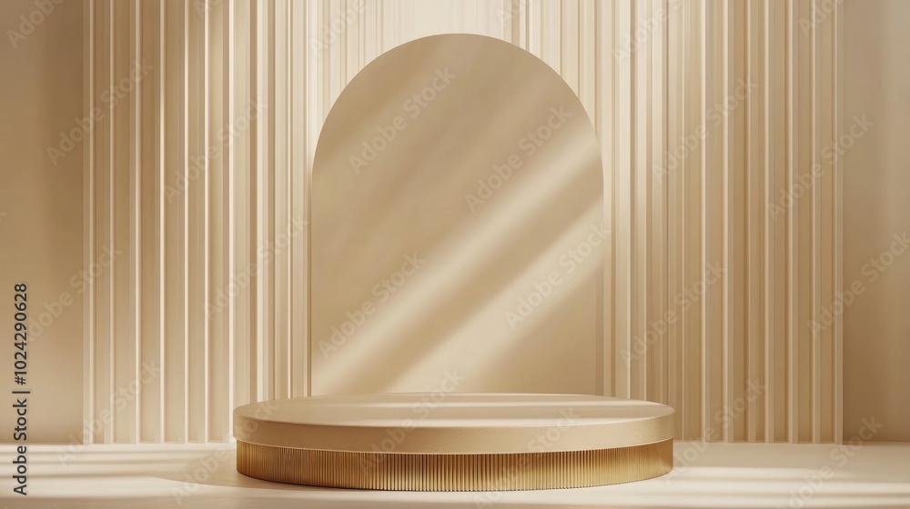 Poster 3D backdrop featuring a podium display Soft beige banner with light and shadow effects Ideal for beauty cosmetic promotions showcasing a natural wooden panel with a gold stand Minimalist studio re