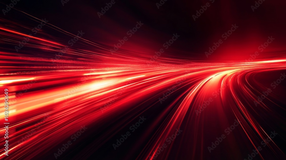 Poster abstract red streaks of light on a black background, resembling a highway or tunnel, creating a sens