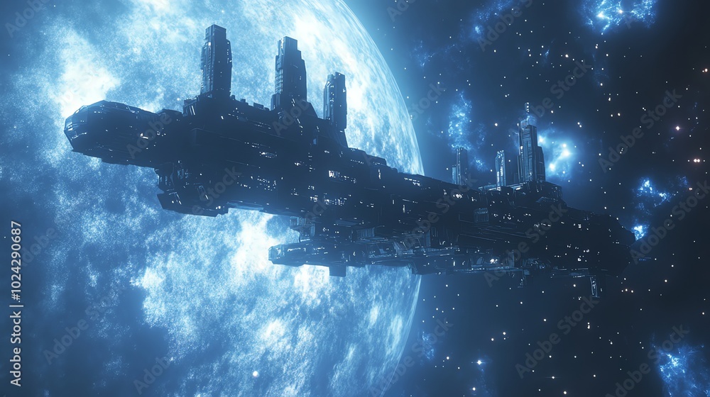 Poster a large futuristic spaceship travels through space with a moon in the background.