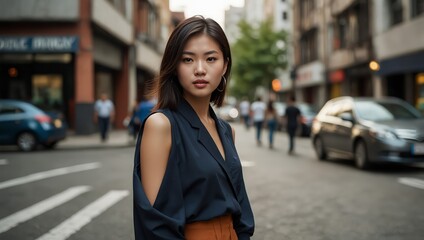 Fashion young Asian woman on city street 